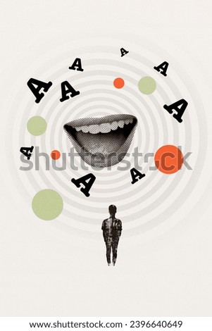 Collage artwork minimal illustration of personage man looking at human mouth open mouth speaking letters isolated on gray background