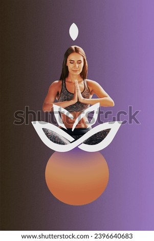 Creative trend collage of funny young female meditation yoga lotus posing flower nature organic bizarre unusual fantasy billboard