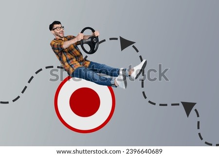 Collage 3d image pinup pop retro sketch of funny young man driving hold steering wheel target darts board bizarre unusual fantasy billboard