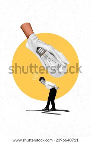 Creative 3d photo artwork graphics collage painting of funny small boy catching big light bulb isolated white color background