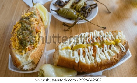 Close-up of Sonoran hot dogs. Sonoran hot dogs are a specialty of the Sonora state in Mexico and in the Tucson area of the United States.