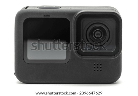 black action camera (4k sports, travel cam) isolated on white background (cut out macro detail)