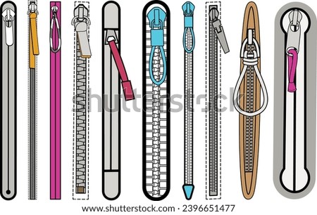Zip fastener with Zipper puller flat sketch vector illustrator. Set of water proof invisible Zip pocket types for  Shorts, Pants, dress garments, bags, jackets Clothing and Accessories Royalty-Free Stock Photo #2396651477