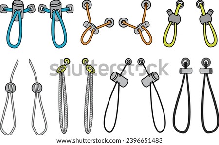 Drawstring cord stopper flat sketch vector illustrator. Set of Draw string lock slider toggles fastener for bags, back backs, jackets, Shorts. Plastic Drawcord lock end toggle to pulled or tighten Royalty-Free Stock Photo #2396651483