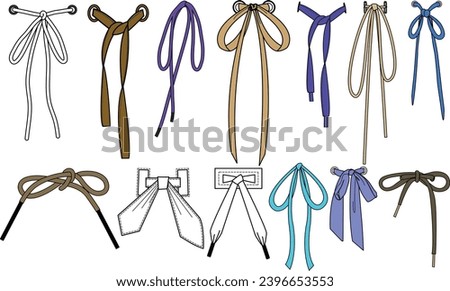 Drawstring cord flat sketch vector illustrator. Set of bow knot Draw string with aglets for Waist band, bags, shoes, jackets, Shorts, Pants, dress garments, Drawcord for Clothing to pulled or tighten Royalty-Free Stock Photo #2396653553