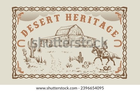 western desert vintage floral vector design, cowboy desert landscape with  wood barn, american country desert artwork for t shirt, sticker, graphic print, cowboy riding horse, farm house vector