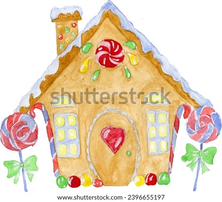 Christmas gingerbread house with candies and lollipops painted in watercolor