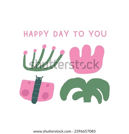 Cute plants postcard with funny hand drawn doodle butterfly, flower, leaf. Jurassic era cover, template, banner, poster, print. Extinct plants background for kids