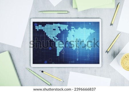 Top view of modern digital tablet monitor with abstract digital world map, research and strategy concept. 3D Rendering