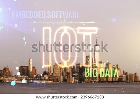 Abstract virtual IOT hologram on Manhattan office buildings background, internet of things concept. Multiexposure