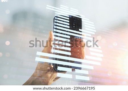 Creative Bitcoin concept and hand with phone on background. Multiexposure