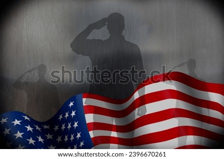Silhouettes of soldiers with waving USA flag.