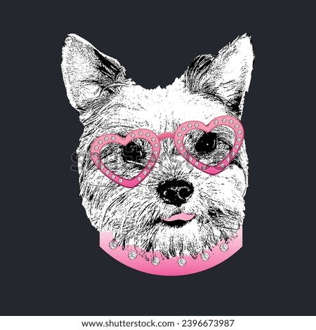 Yorkshire Terrier portrait, Cute dog in glasses with diamonds, illustration.