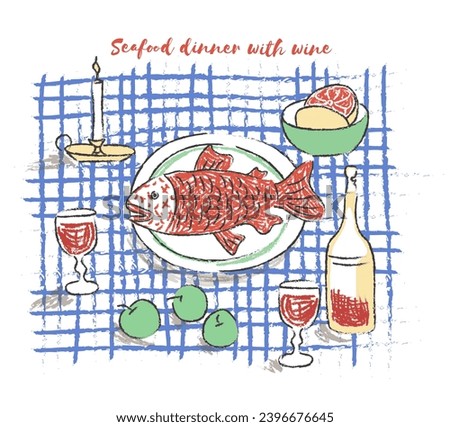 Hand drawn food illustration. Sea food, fish, apple, wine, glasses, candle light dinner.