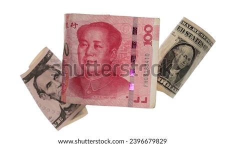 Chinese hundred yuan, renminbi banknote and United States one and five dollars bill, cash money isolated on white, clipping path