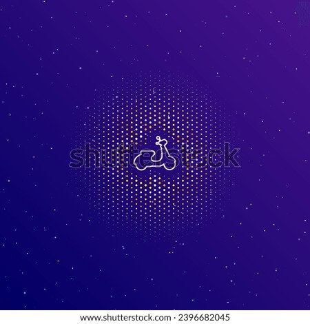 A large white contour scooter symbol in the center, surrounded by small dots. Dots of different colors in the shape of a ball. Vector illustration on dark blue gradient background with stars