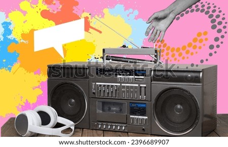 Creative collage of retro boombox radio drawing background