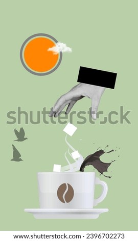 Advert picture of fingers hold cubes of sugar put  coffee