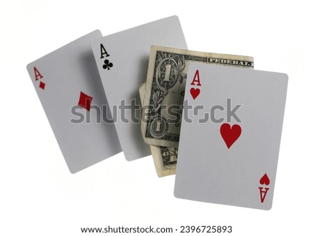 Flying playing card for poker, three aces and one dollar bill isolated on white, clipping path