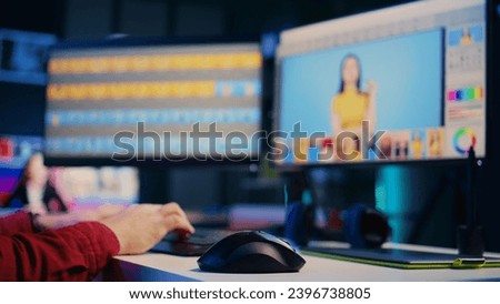 Content specialist working in graphic design media company, selecting best editorial pictures for social media post. Expert editing photos in advertising agency office, close up shot