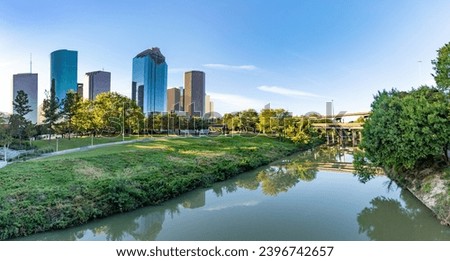 scenic skyline of Houston, Texas in morning light seen from Buffalo bayou park