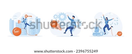 Debt free or freedom for pay off debts,  solution to solve financial problem, with victorious gesture. Debt free set flat vector modern illustration 