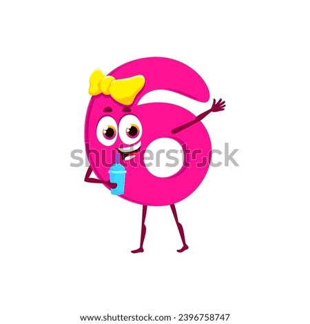 Cartoon funny math number six character. Isolated vector arithmetic digit 6 personage with adorable girlish appearance, featuring a cheerful face, yellow bow and vibrant pink color, drinking cocktail