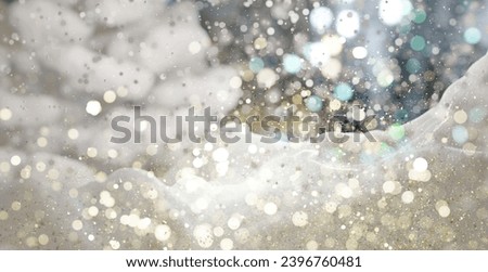 Christmas winter background with snowfall and falling snow in the mountains. Copy space for promotion. Abstract blurred snowflakes with lights. 3D render illustration.