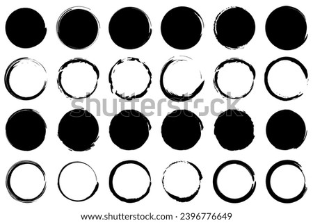 Set of grunge circle brush strokes. Black round frames. Vector illustration. EPS 10.