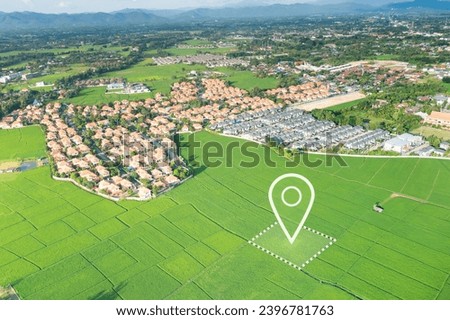 Land plot in aerial view. Identify registration symbol of vacant area for map. Real estate or property for business of home, house or residential i.e. development, sale, rent, buy or purchase. Royalty-Free Stock Photo #2396781763