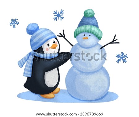 Cute penguin in hat and scarf makes snowman. Childish hand drawn watercolor character isolated on white background. Winter play