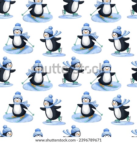 Seamless watercolor pattern with cute penguin in hat and scarf in winter. Endless pattern for textiles or fabric for newborns. Penguin on skates and skiing