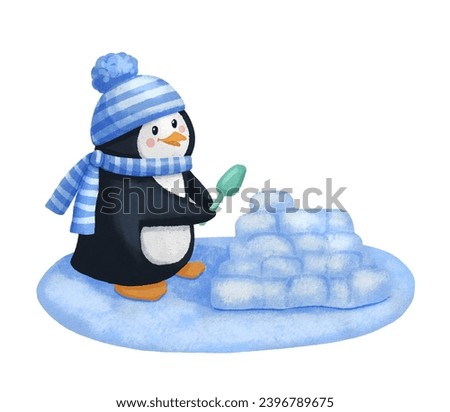 Cute penguin in hat and scarf builds tower or fortress out of snow. Childish hand drawn watercolor character isolated on white background. Winter play