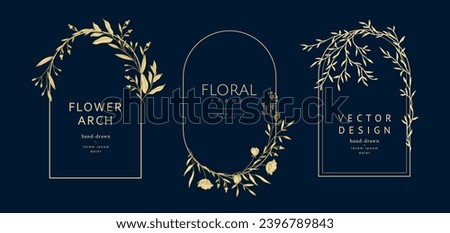 Luxury hand drawn floral frames. Elegant arched frames with golden flowers on a blue background. Botanical vector illustration for label, logo, branding, wedding invitation, save the date