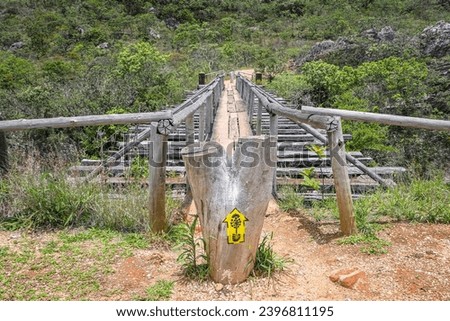 Wooden footbridge over a gorge in green vegetation, Biribiri State Park, Minas Gerais, Brazil