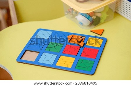 Study of color and shape. Matching game. Montessori methodology tool for concentration, speech therapy and fine motor skills.