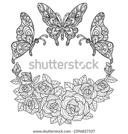 Wreath rose butterfly hand drawn for adult coloring book