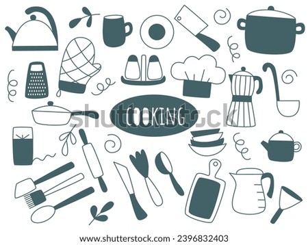 Crockery and kitchenware doodle sketch style set. Cooking and kitchen simple hand drawn collection. Kitchen items, equipment and supplies for restaurant or home clip art. Kitchen utensils and dishes