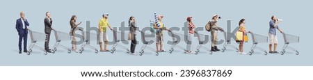 Collection of diverse people pushing a shopping cart and doing grocery shopping