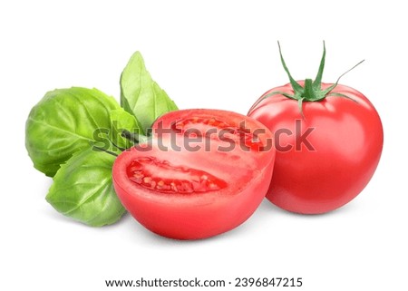 Fresh tomatoes and basil leaves isolated on white