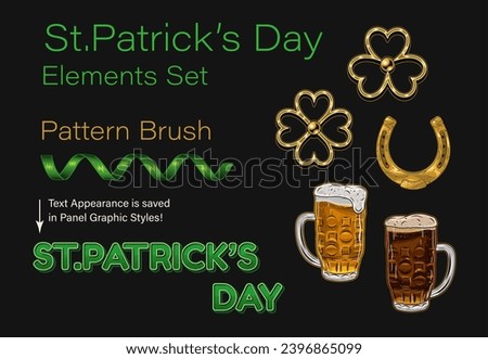 Set, clip art of objects for St Patricks day in vintage style. Jewelry charm clover, horseshoe, glasses with beer, party streamer pattern brush. Text graphic style included