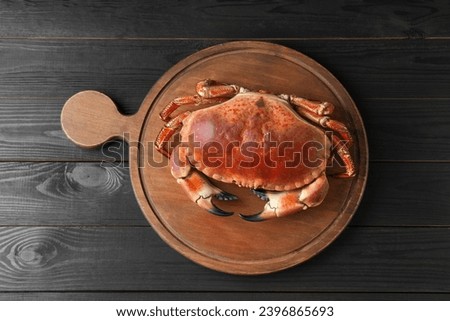 Delicious boiled crab on black wooden table, top view