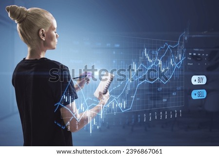 Attractive blonde woman with notepad using creative candlestick trading graph on blurry office background. Selling and buying stocks, market, investment and financial growth concept