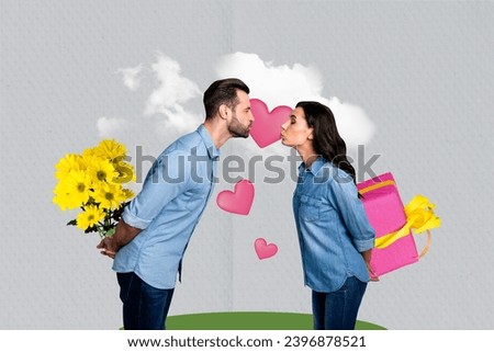 Composite collage picture image of young couple celebrate gifts shopping dating valentine day concept bizarre unusual fantasy billboard