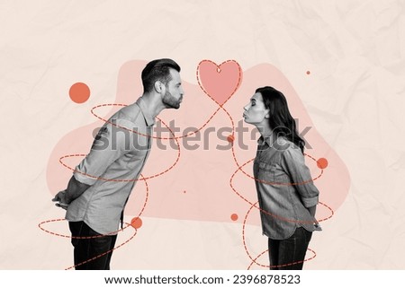 Horizontal photo collage picture of charming sweet couple lovers kissing enjoy celebrate 14 february together pastel drawing background Royalty-Free Stock Photo #2396878523