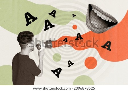 Picture poster collage of funky man announcing news shouting bull horn isolated on painted background