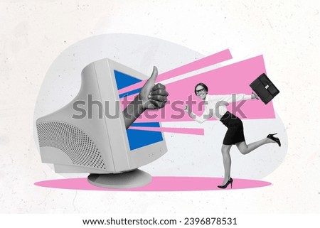 Artwork collage picture of big pc monitor black white arm demonstrate thumb up mini elegant lady running hold briefcase