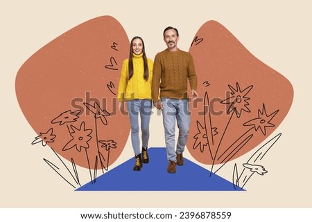 Horizontal creative collage picture of two idyllic partners hold hands walking draw heart flowers on painted background