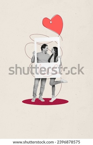 Vertical postcard collage of couple lovely people family hold picture frame black white effect heart like drawing on beige background