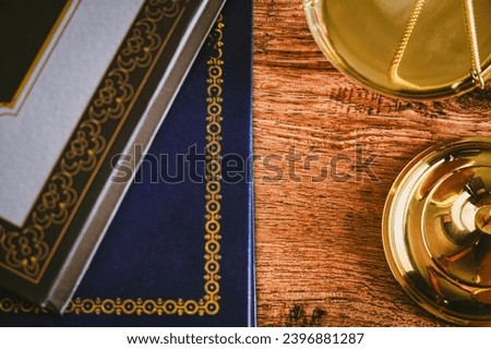 The desks of judges and lawyers have golden balances and law books.The application of the law must be within the context of justice.Background for judiciary and legal business law
